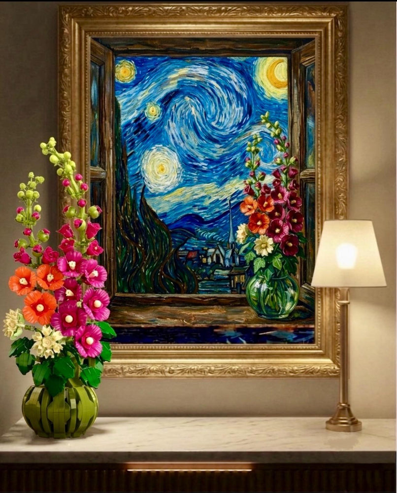 Botanical Alcea Building Blocks Matching Starry Night Puzzle