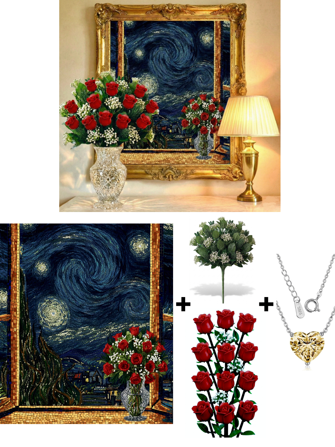 Set de Construcción Botánico de Rosas Rojas + Rompecabezas a Juego ‘La Noche Estrellada’ + Collar de Plata de Ley 925 con Piedra de Corazón Grado 5A - Set de Regalo 3 en 1