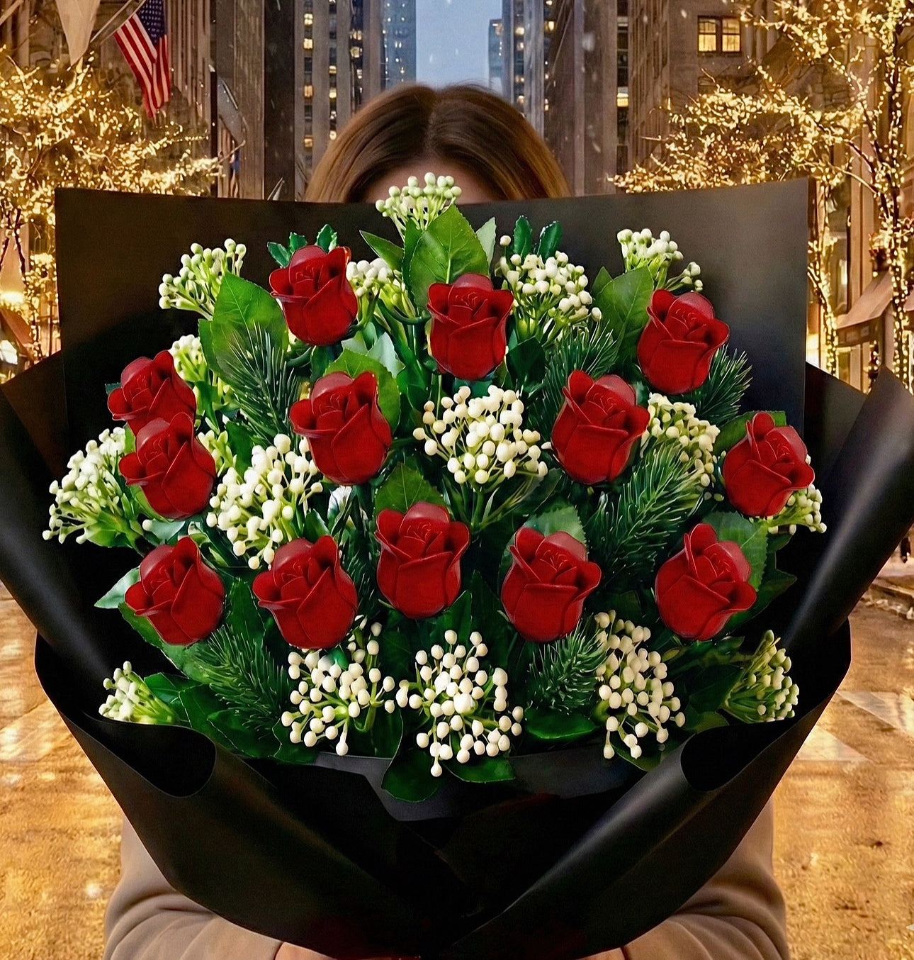 Set de Construcción Botánico de Rosas Rojas + Rompecabezas a Juego ‘La Noche Estrellada’ + Collar de Plata de Ley 925 con Piedra de Corazón Grado 5A - Set de Regalo 3 en 1