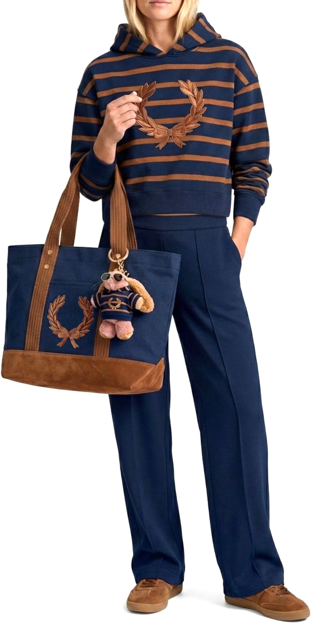 Matching Set: Cotton Cropped Pullover + Matching Canvas Tote + Necklace + Mini Hoodie & Sunglasses for Plush Bag Charm (Doll Not Included)