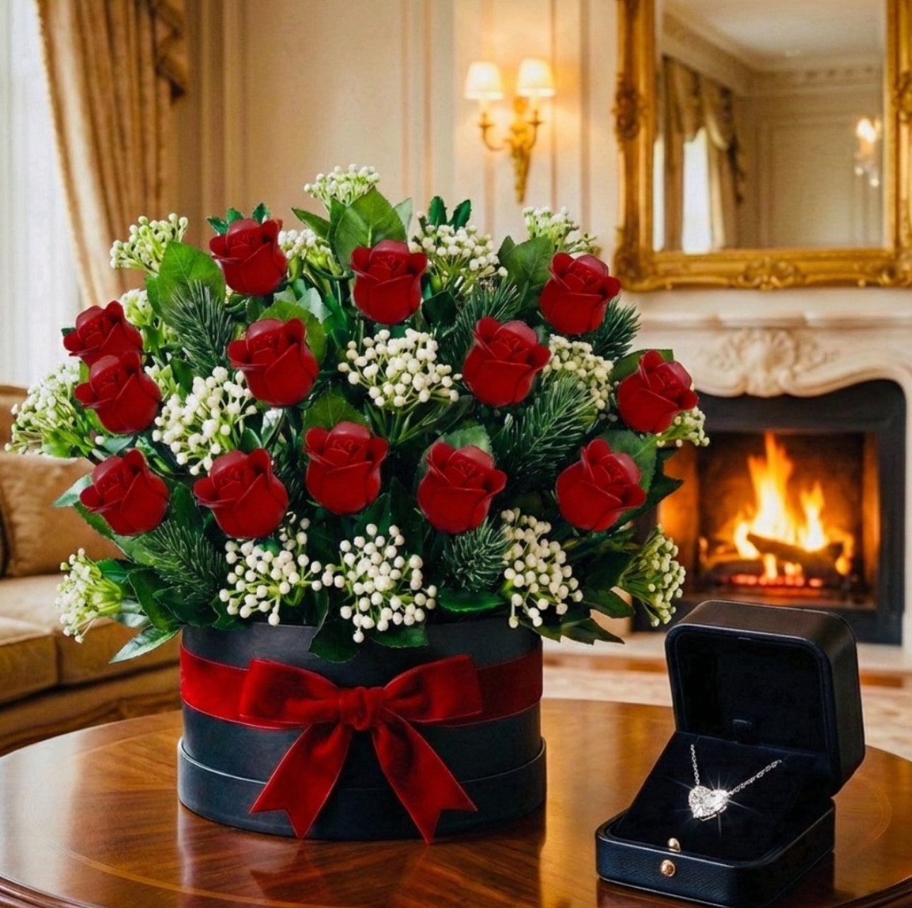Set de Construcción Botánico de Rosas Rojas + Rompecabezas a Juego ‘La Noche Estrellada’ + Collar de Plata de Ley 925 con Piedra de Corazón Grado 5A - Set de Regalo 3 en 1