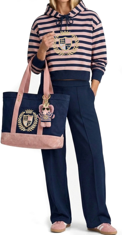 Matching Set: Cotton Cropped Pullover + Matching Canvas Tote + Necklace + Mini Hoodie & Sunglasses for Plush Bag Charm (Doll Not Included)