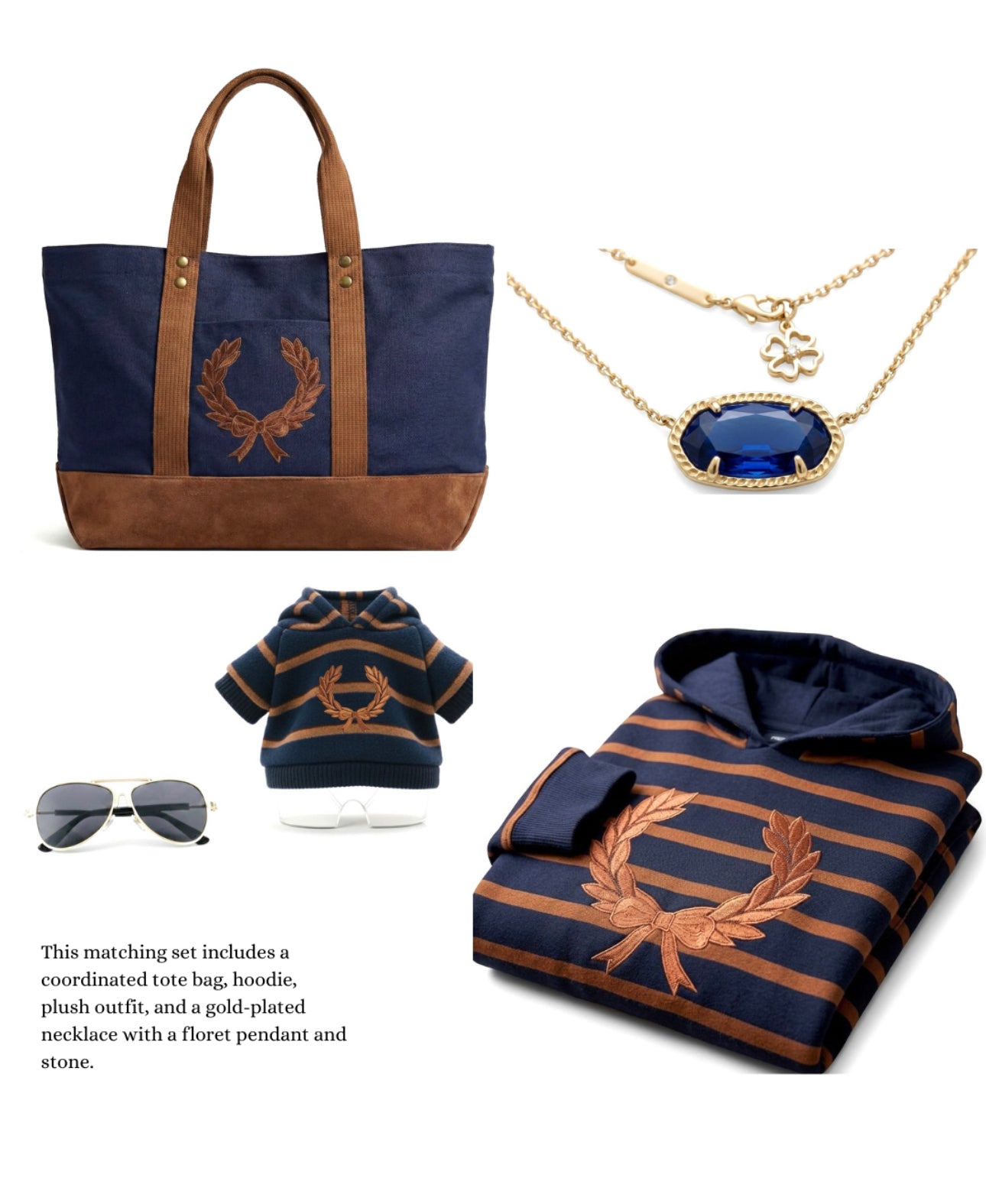 4pcs Matching Set: Cotton Cropped Pullover, Canvas Tote, Gold-Plated Colorful Stone Necklace & Plush Charm Accessories (Doll Not Included