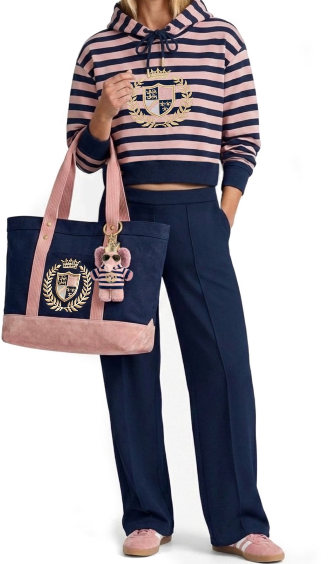 4pcs Matching Set: Cotton Cropped Pullover, Canvas Tote, Gold-Plated Colorful Stone Necklace & Plush Charm Accessories (Doll Not Included