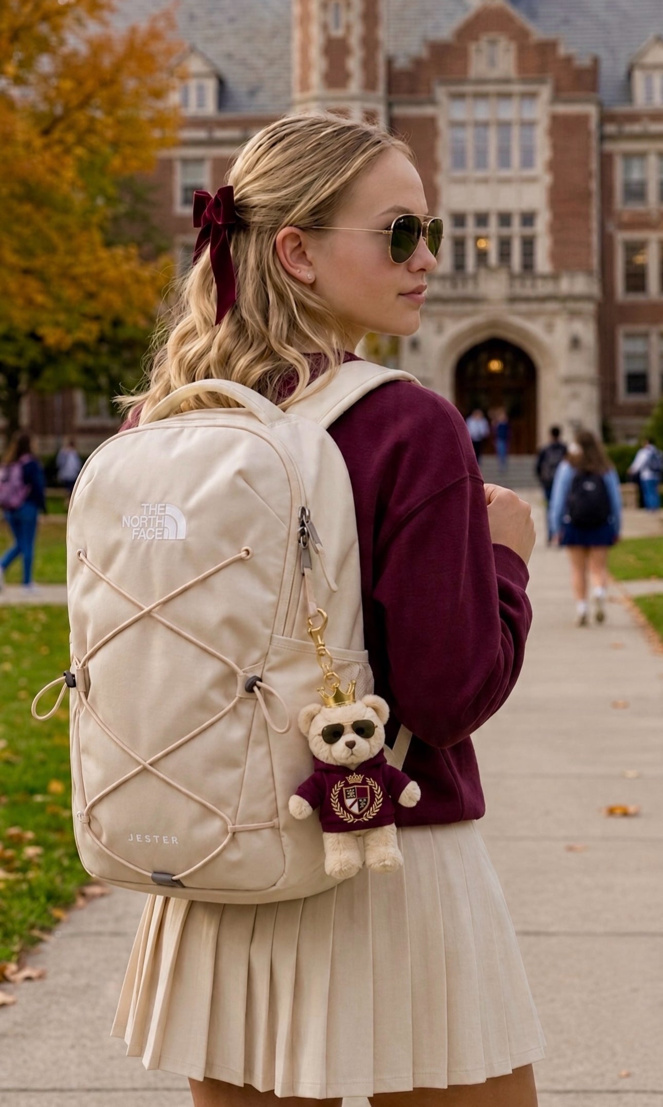 4pcs Matching Set: Cotton Cropped Pullover, Canvas Tote, Gold-Plated Colorful Stone Necklace & Plush Charm Accessories (Doll Not Included