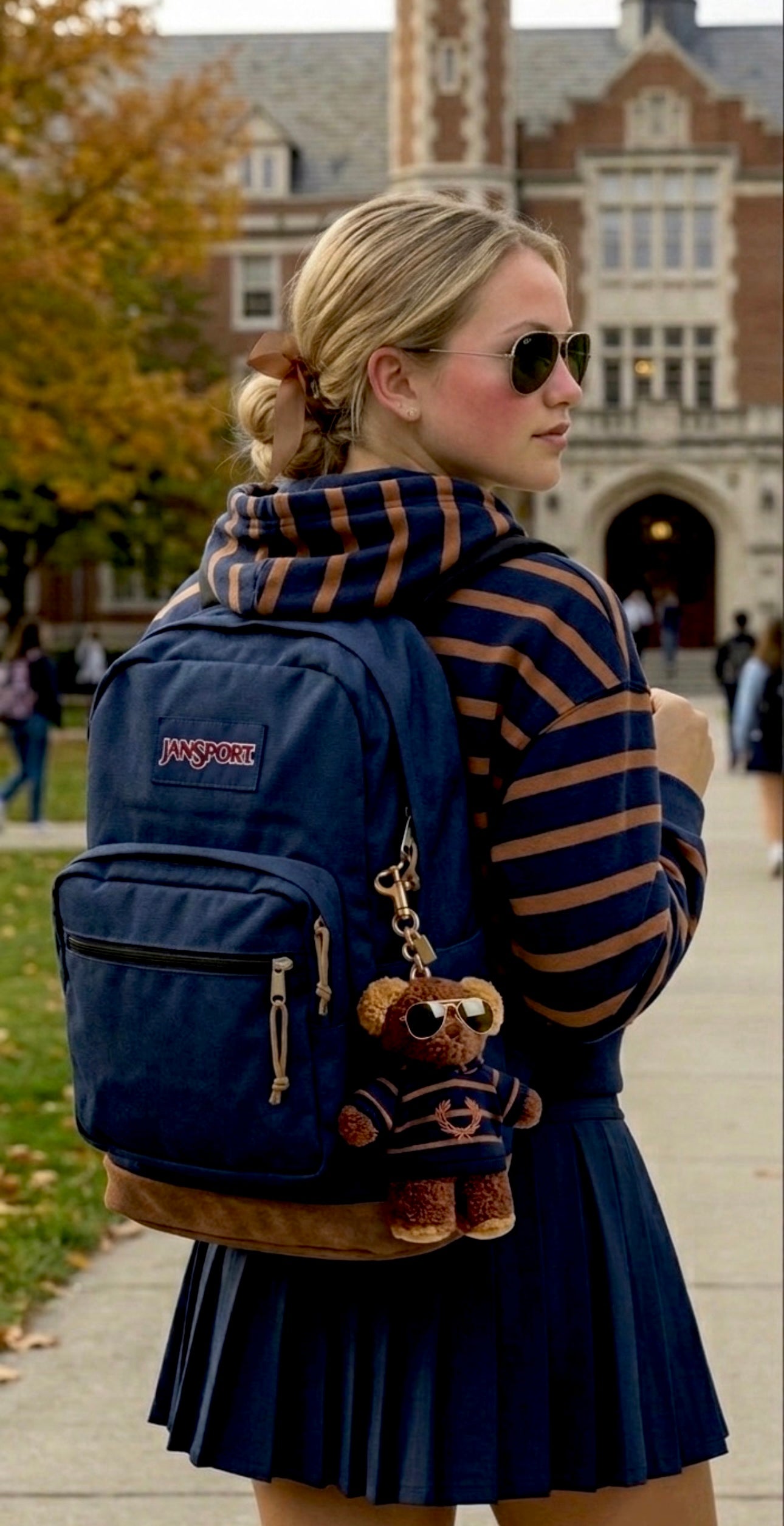 4pcs Matching Set: Cotton Cropped Pullover, Canvas Tote, Gold-Plated Colorful Stone Necklace & Plush Charm Accessories (Doll Not Included