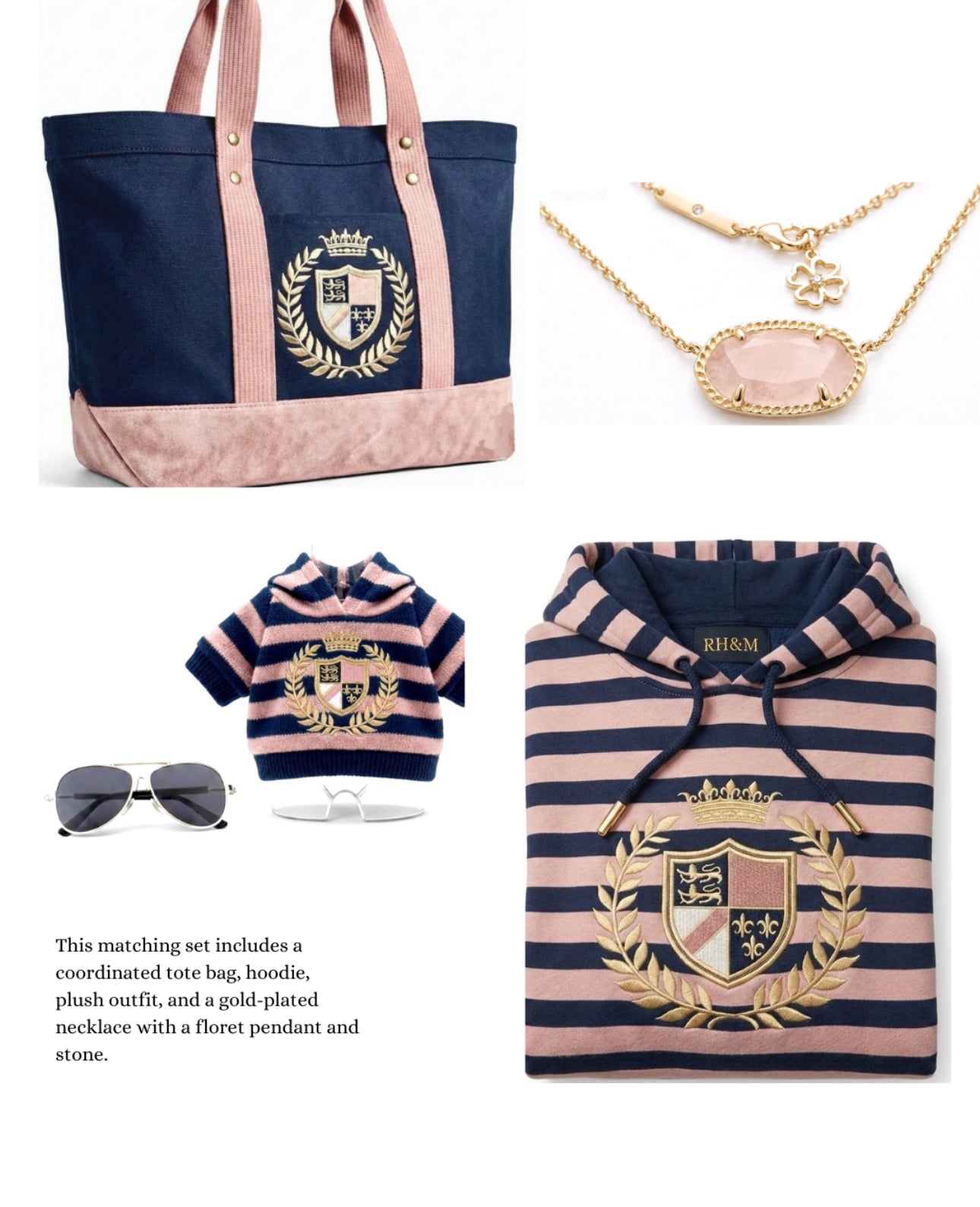 4pcs Matching Set: Cotton Cropped Pullover, Canvas Tote, Gold-Plated Colorful Stone Necklace & Plush Charm Accessories (Doll Not Included