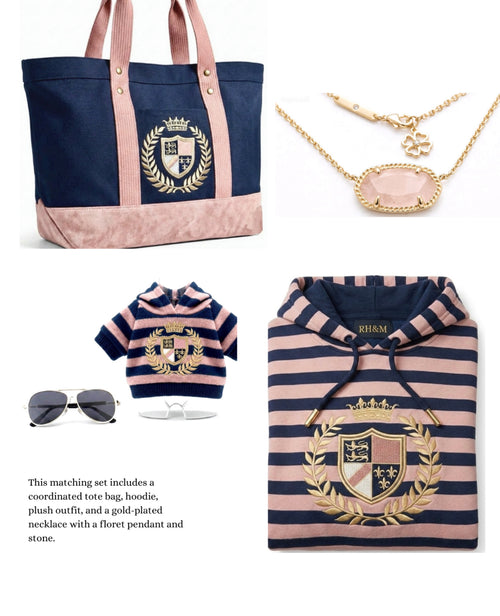 4pcs Matching Set: Cotton Cropped Pullover, Canvas Tote, Gold-Plated Colorful Stone Necklace & Plush Charm Accessories (Doll Not Included
