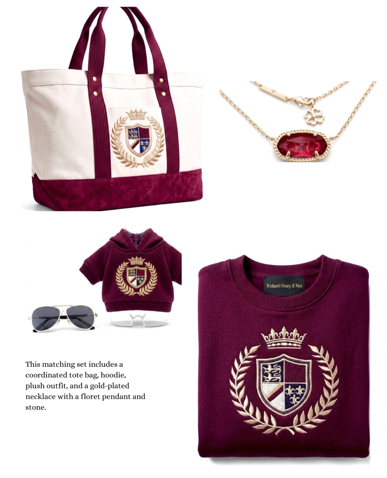 4pcs Matching Set: Cotton Cropped Pullover, Canvas Tote, Gold-Plated Colorful Stone Necklace & Plush Charm Accessories (Doll Not Included