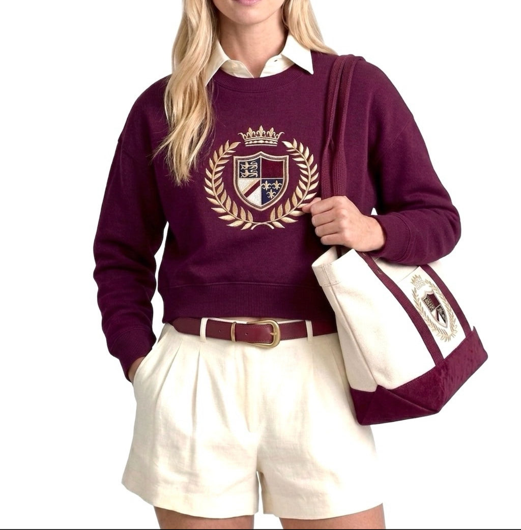 4pcs Matching Set: Cotton Cropped Pullover, Canvas Tote, Gold-Plated Colorful Stone Necklace & Plush Charm Accessories (Doll Not Included