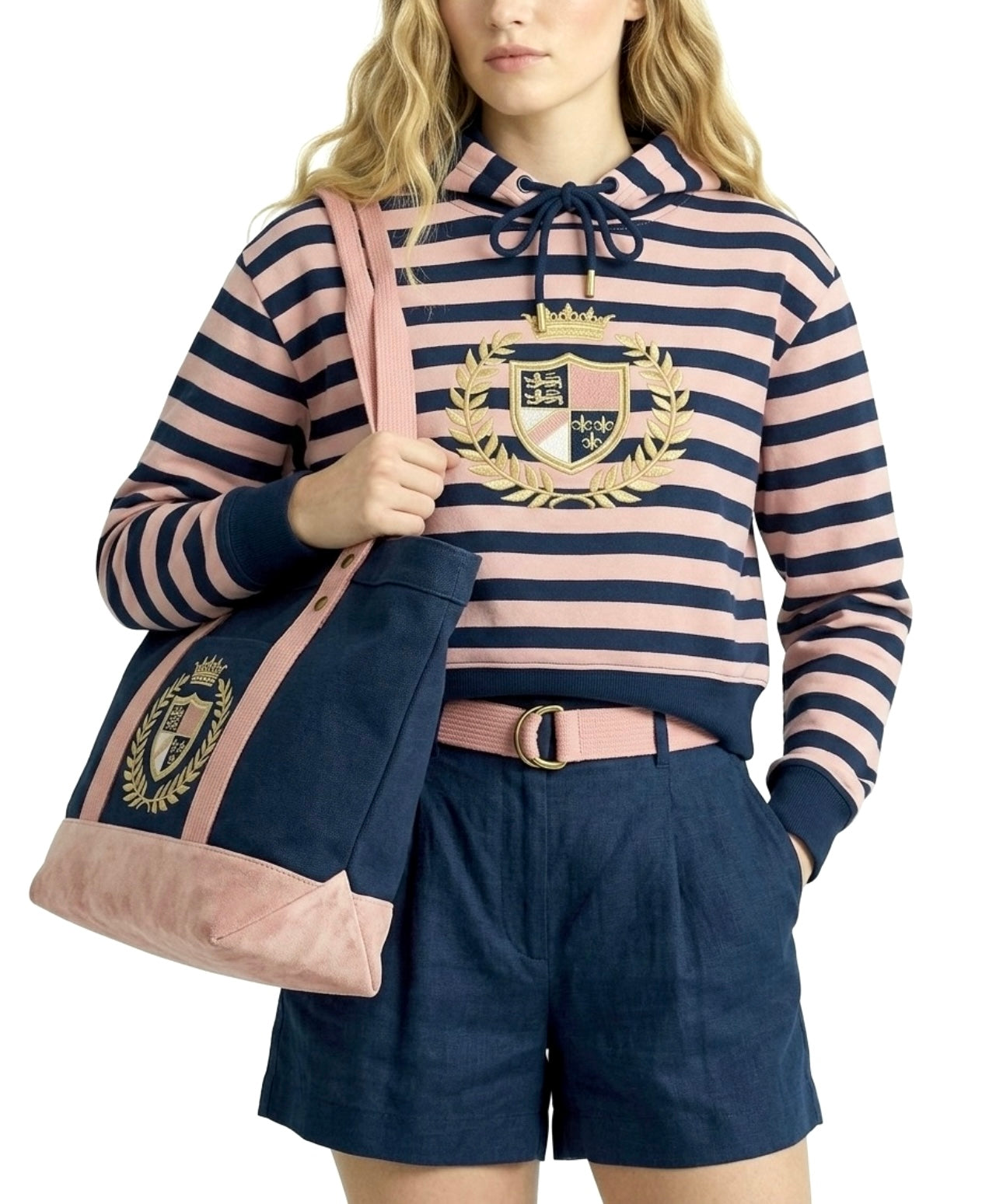4pcs Matching Set: Cotton Cropped Pullover, Canvas Tote, Gold-Plated Colorful Stone Necklace & Plush Charm Accessories (Doll Not Included