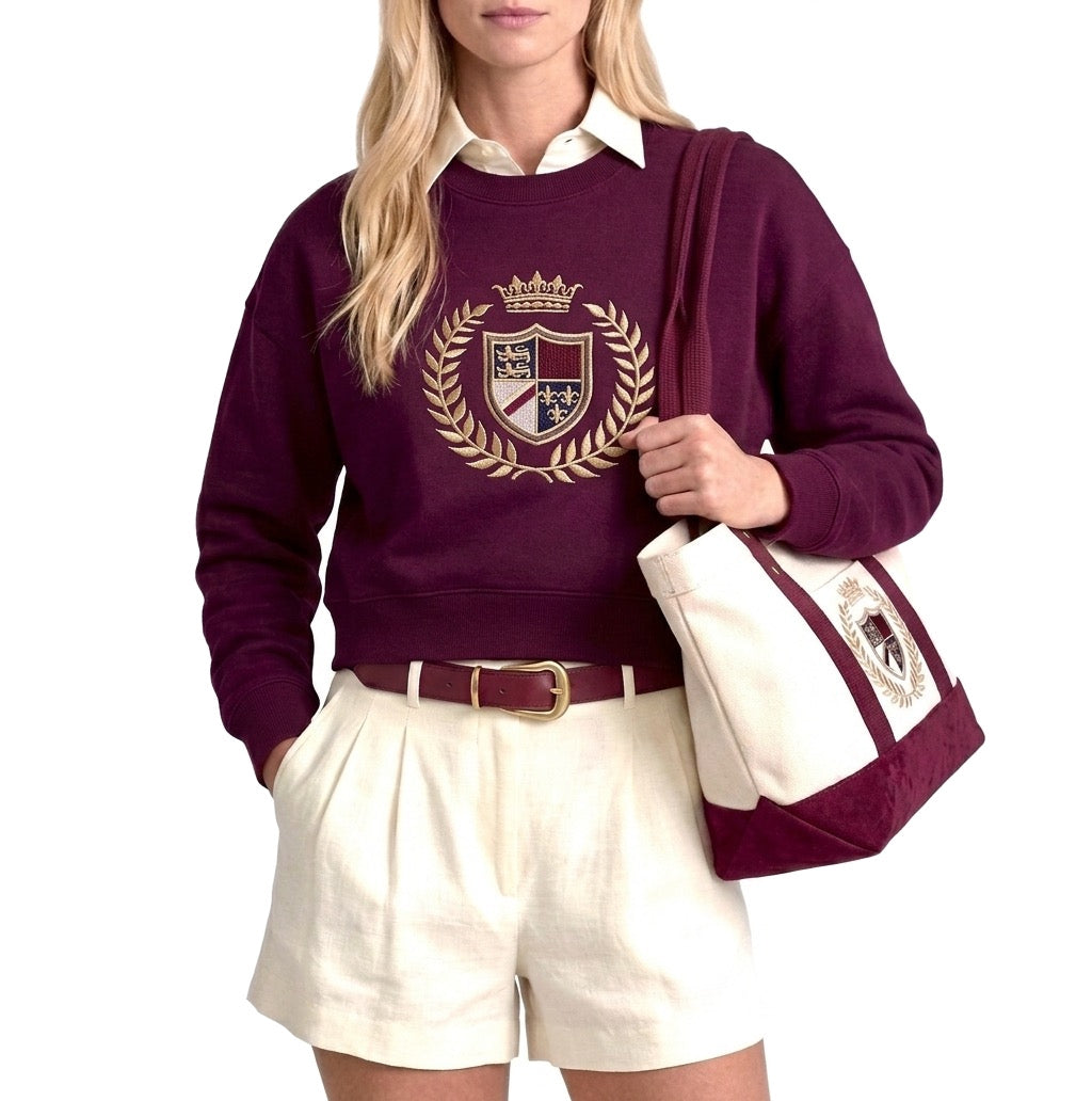 4pcs Matching Set: Cotton Cropped Pullover, Canvas Tote, Gold-Plated Colorful Stone Necklace & Plush Charm Accessories (Doll Not Included
