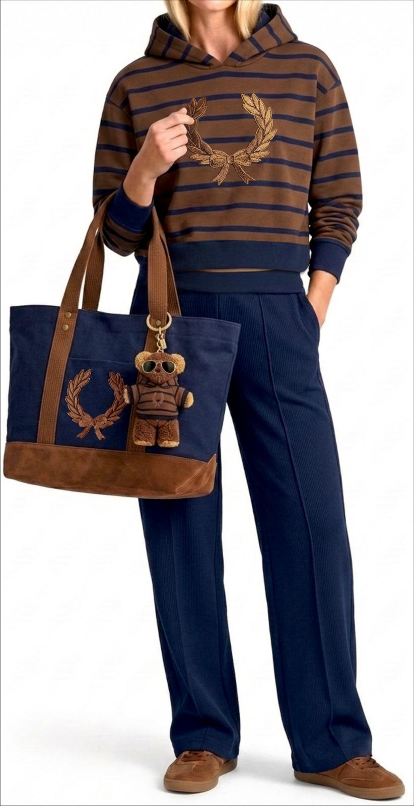 Matching Set: Cotton Cropped Pullover + Matching Canvas Tote + Necklace + Mini Hoodie & Sunglasses for Plush Bag Charm (Doll Not Included)