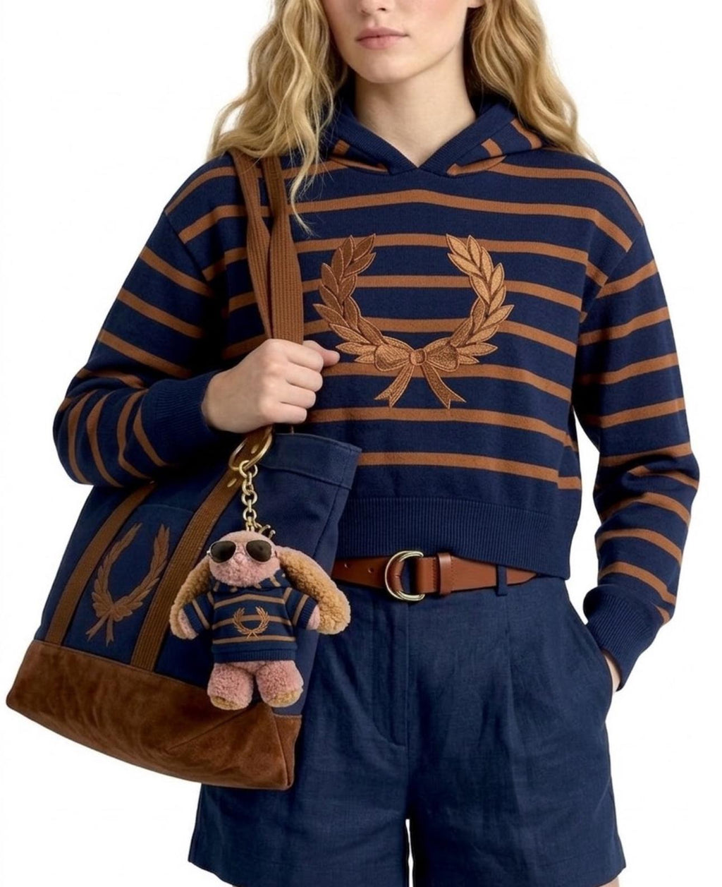 Matching Set: Cotton Cropped Pullover + Matching Canvas Tote + Necklace + Mini Hoodie & Sunglasses for Plush Bag Charm (Doll Not Included)