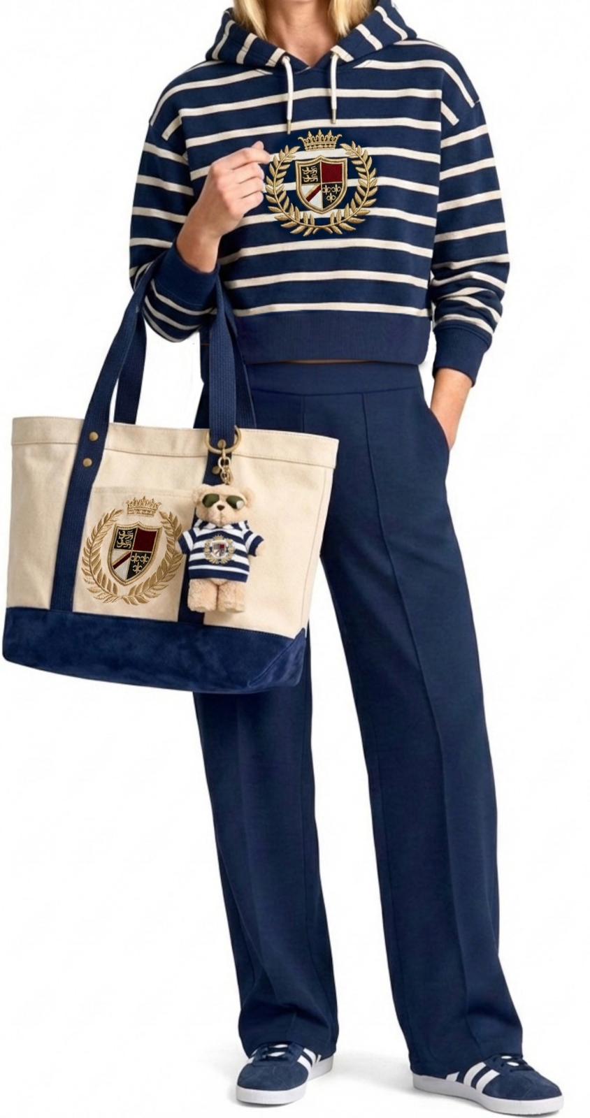Matching Set: Cotton Cropped Pullover + Matching Canvas Tote + Necklace + Mini Hoodie & Sunglasses for Plush Bag Charm (Doll Not Included)