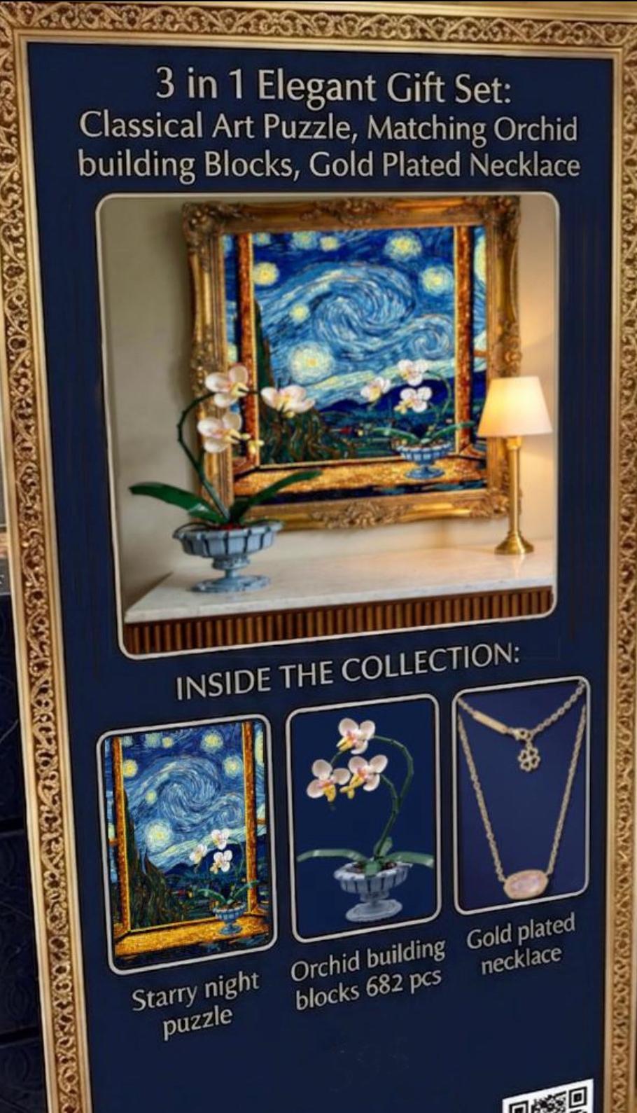 Orchid Botanical Flowers Building Set + Matching Starry Night Puzzle + 18K Gold Plated Necklace - 3 in 1 Gift Set