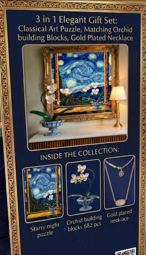 Orchid Botanical Flowers Building Set + Matching Starry Night Puzzle + 18K Gold Plated Necklace - 3 in 1 Gift Set