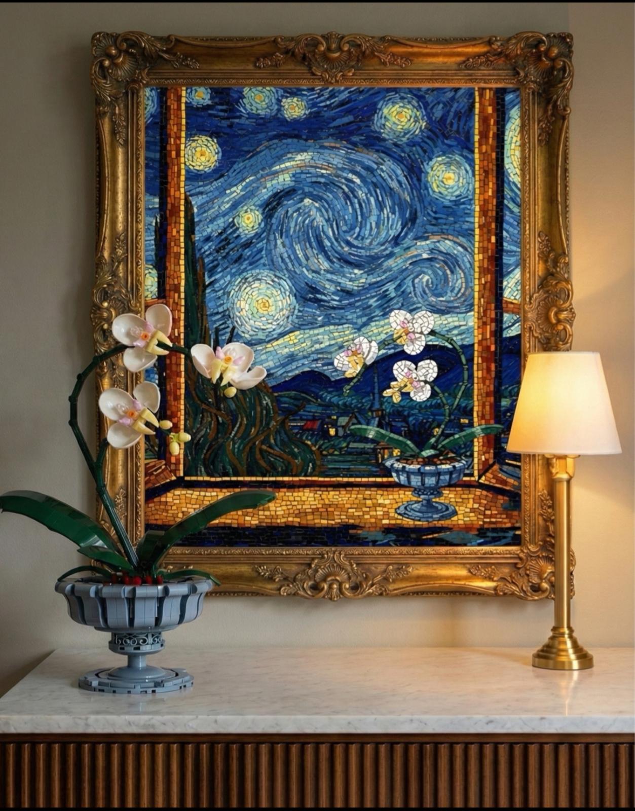 Orchid Botanical Flowers Building Set + Matching Starry Night Puzzle + 18K Gold Plated Necklace - 3 in 1 Gift Set
