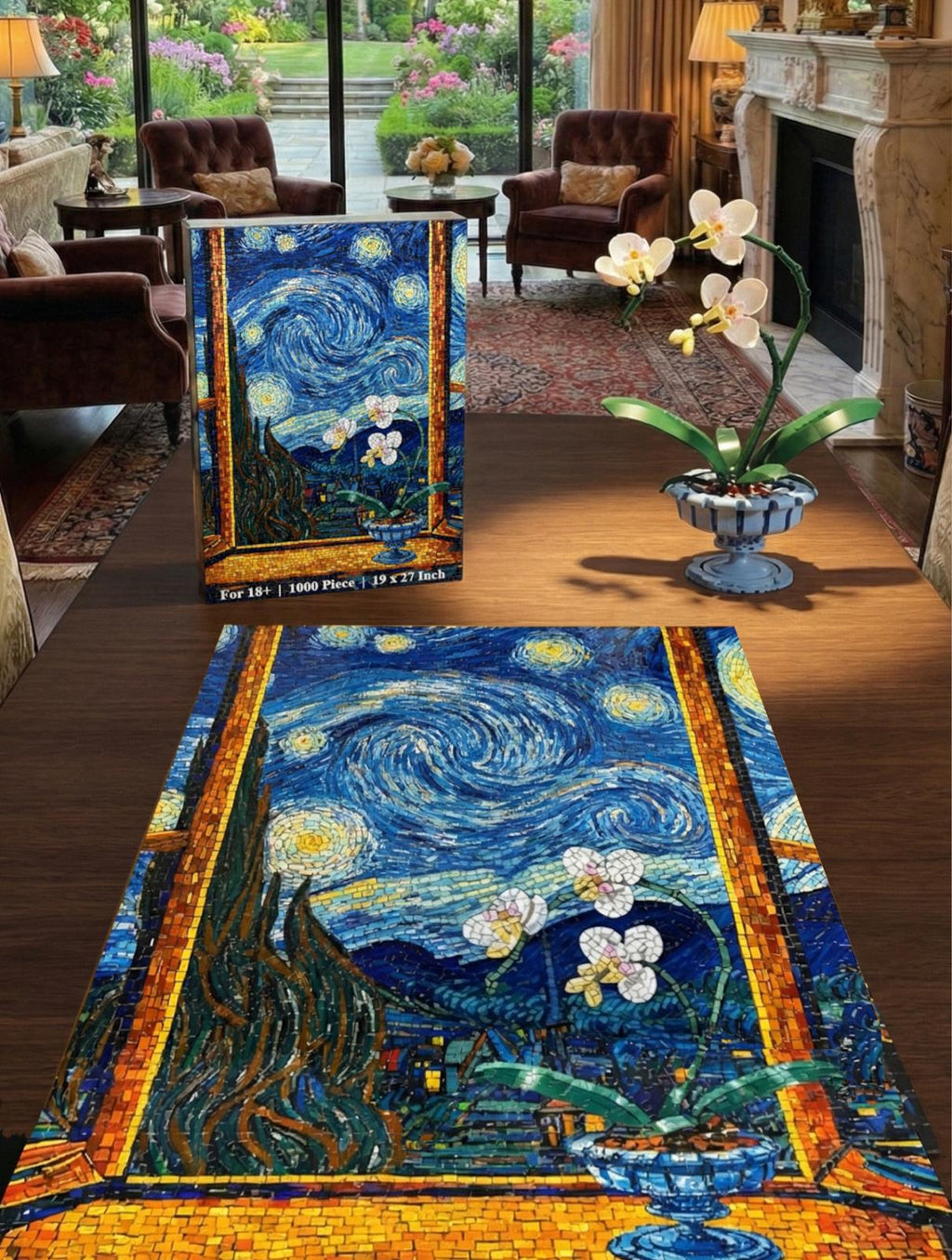Orchid Botanical Flowers Building Set + Matching Starry Night Puzzle + 18K Gold Plated Necklace - 3 in 1 Gift Set
