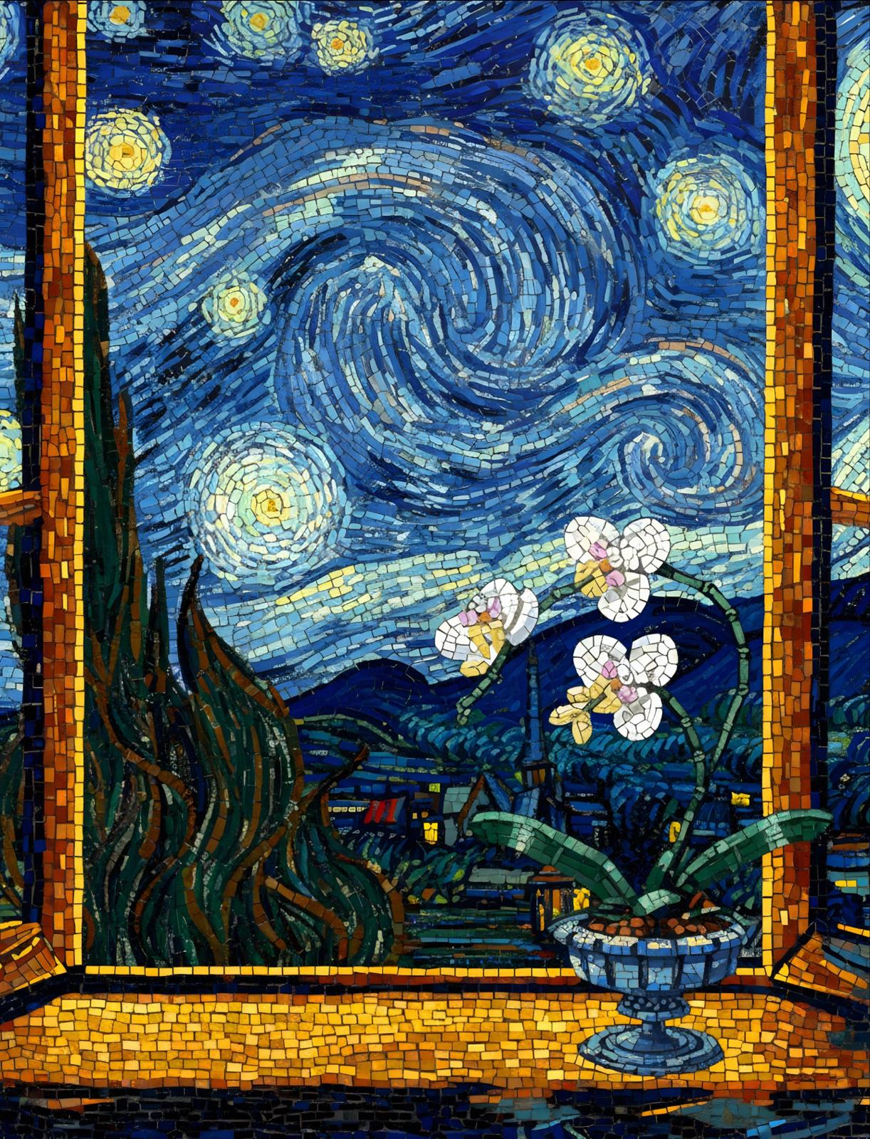 Orchid Botanical Flowers Building Set + Matching Starry Night Puzzle + 18K Gold Plated Necklace - 3 in 1 Gift Set