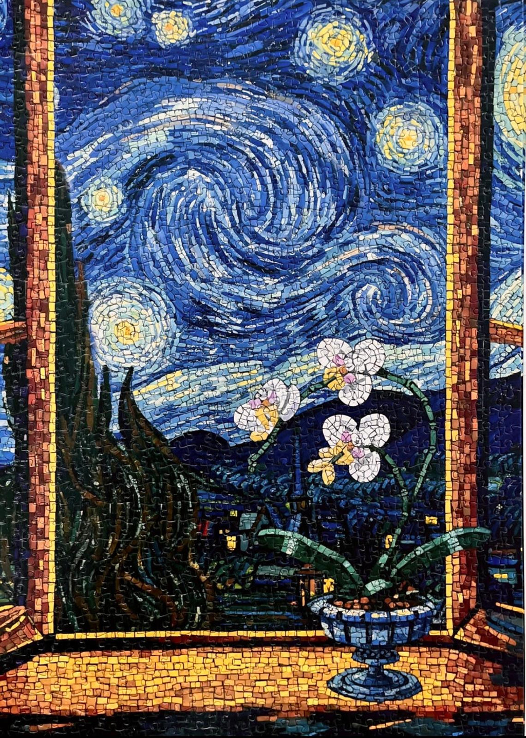 Orchid Botanical Flowers Building Set + Matching Starry Night Puzzle + 18K Gold Plated Necklace - 3 in 1 Gift Set