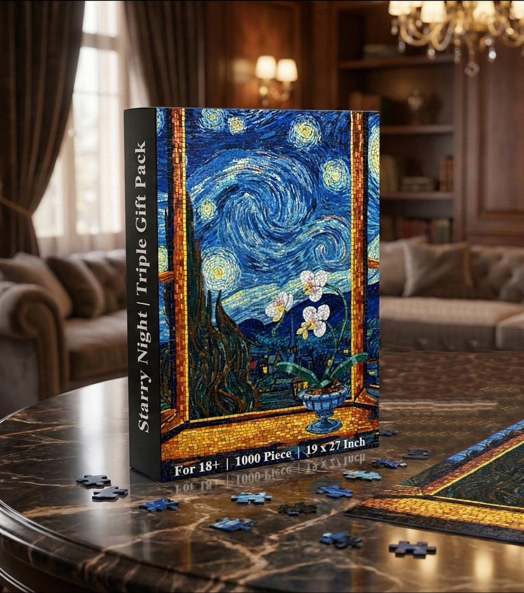 Orchid Botanical Flowers Building Set + Matching Starry Night Puzzle + 18K Gold Plated Necklace - 3 in 1 Gift Set
