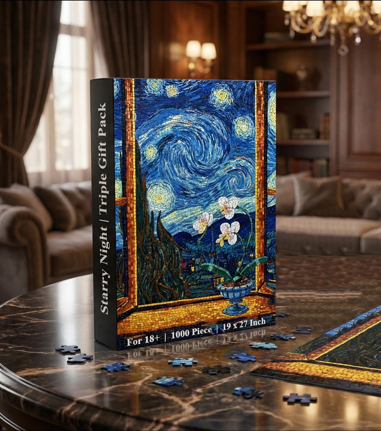 Orchid Botanical Flowers Building Set + Matching Starry Night Puzzle + 18K Gold Plated Necklace - 3 in 1 Gift Set