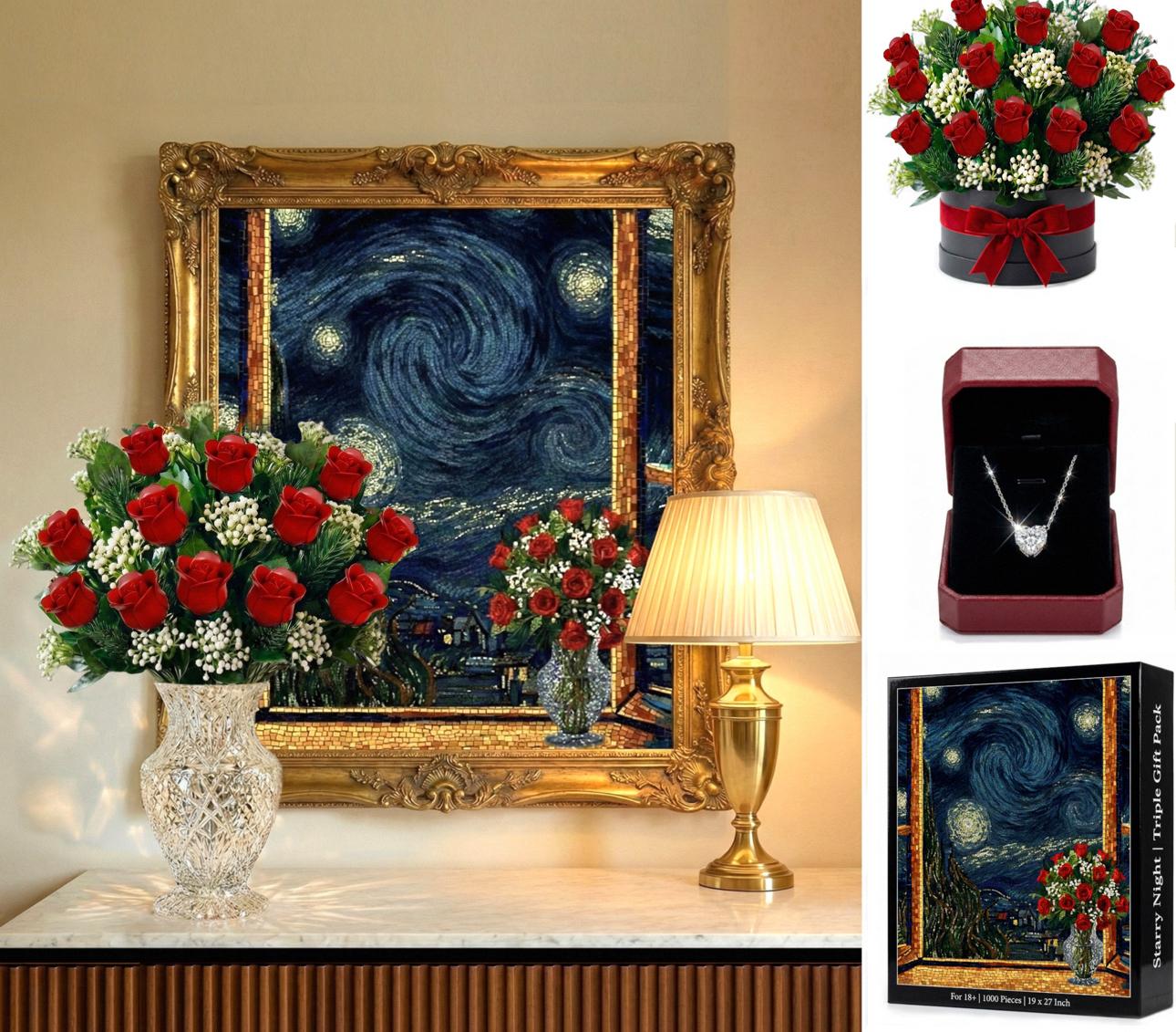 Red Roses Botanical Flowers Building Set + Matching Starry Night Puzzle + 925 Sterling Silver Necklace with 5A Zirconia Stone - 3 in 1 Gift Set