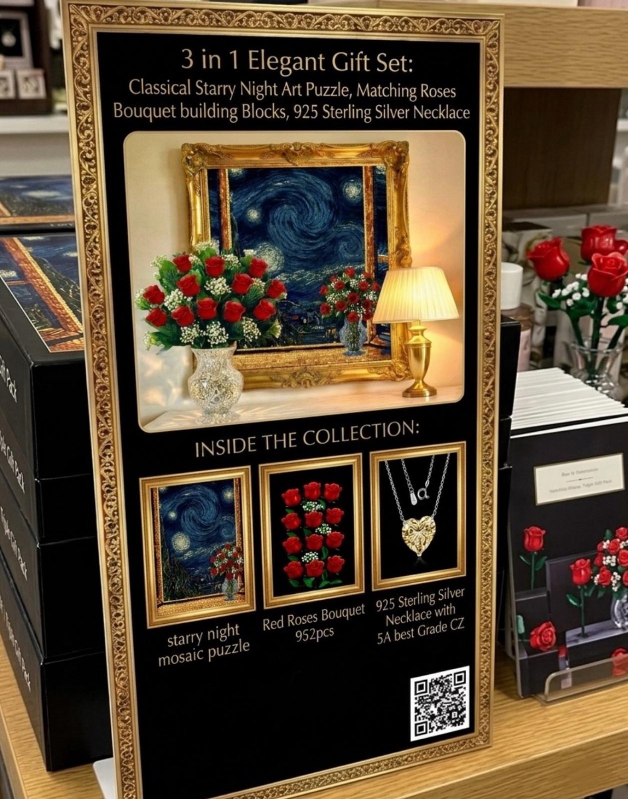 Red Roses Botanical Flowers Building Set + Matching Starry Night Puzzle + 925 Sterling Silver Necklace with 5A Zirconia Stone - 3 in 1 Gift Set