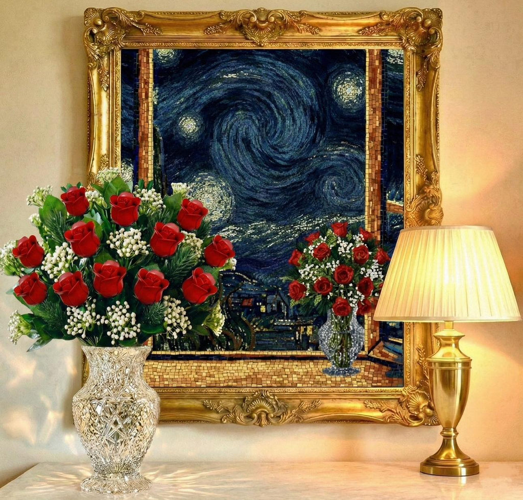 Red Roses Botanical Flowers Building Set + Matching Starry Night Puzzle + 925 Sterling Silver Necklace with 5A Zirconia Stone - 3 in 1 Gift Set