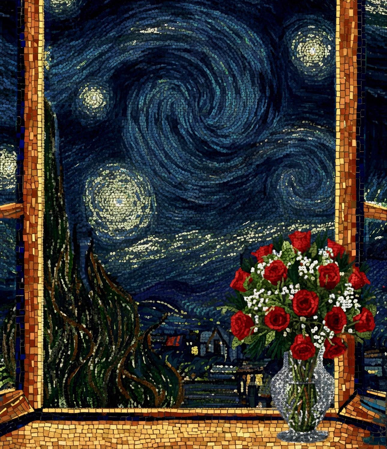 Red Roses Botanical Flowers Building Set + Matching Starry Night Puzzle + 925 Sterling Silver Necklace with 5A Zirconia Stone - 3 in 1 Gift Set