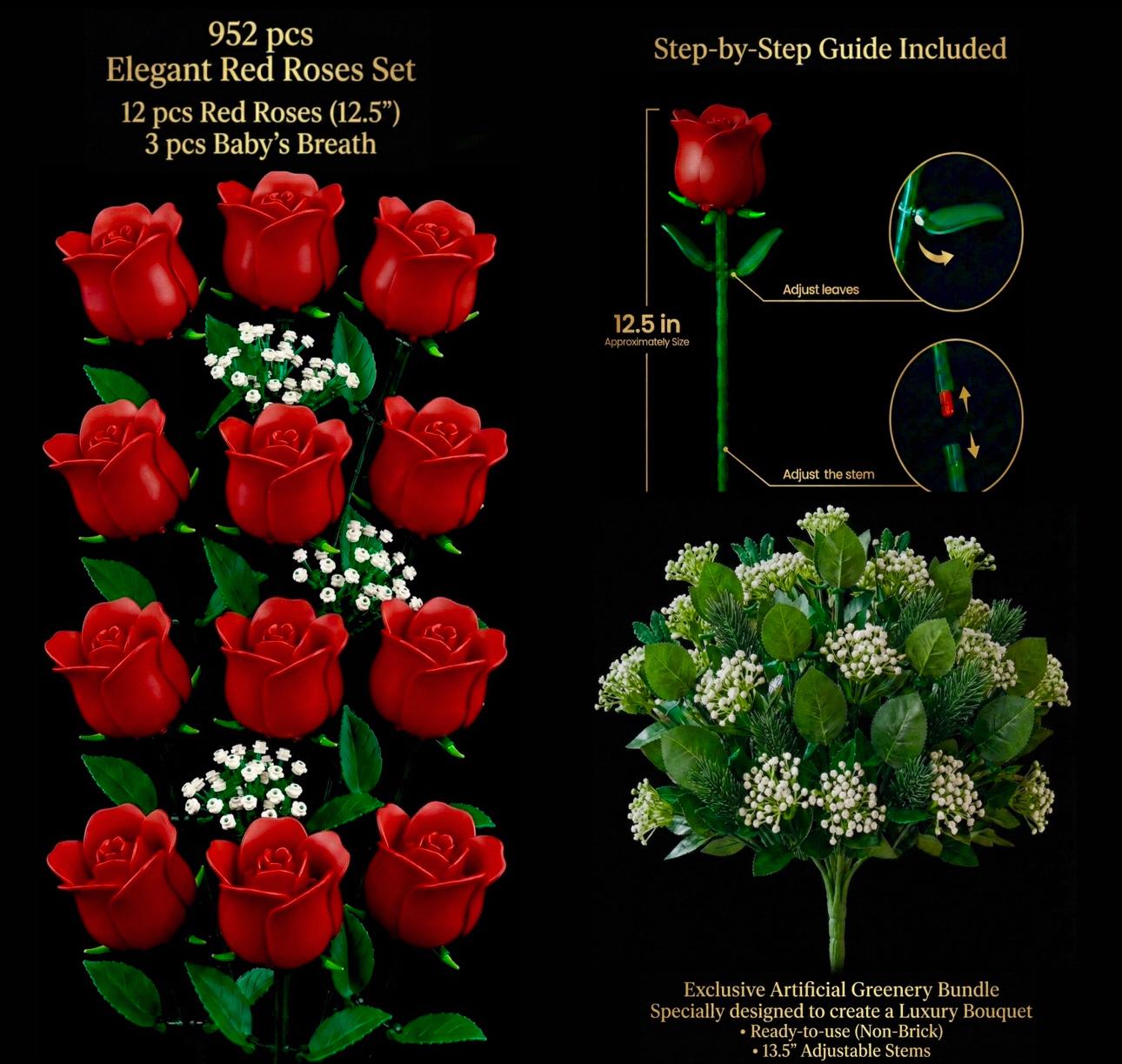 Red Roses Botanical Flowers Building Set + Matching Starry Night Puzzle + 925 Sterling Silver Necklace with 5A Zirconia Stone - 3 in 1 Gift Set