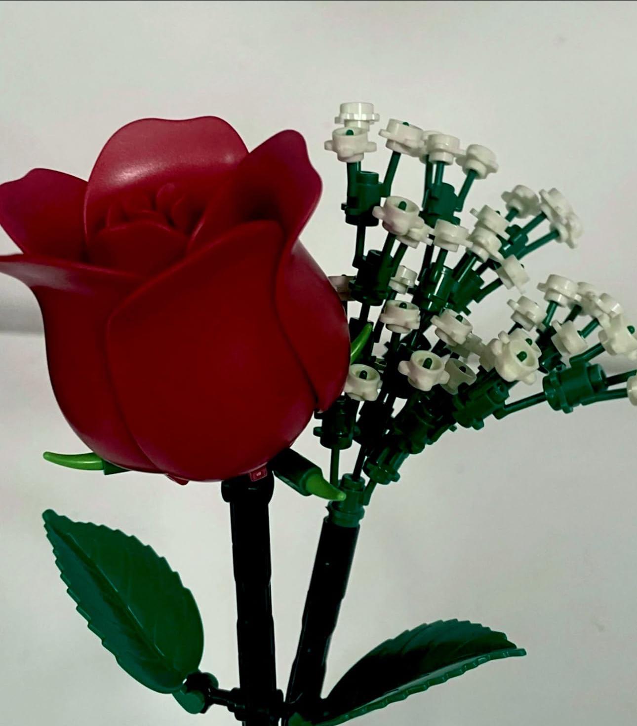 Red Roses Botanical Flowers Building Set + Matching Starry Night Puzzle + 925 Sterling Silver Necklace with 5A Zirconia Stone - 3 in 1 Gift Set