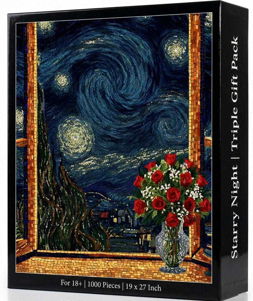 Red Roses Botanical Flowers Building Set + Matching Starry Night Puzzle + 925 Sterling Silver Necklace with 5A Zirconia Stone - 3 in 1 Gift Set